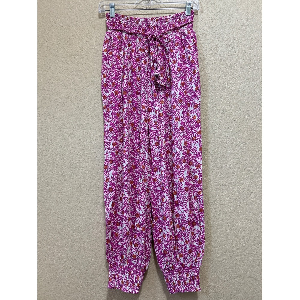 Anthropologie Size S Floral Smocked Jogger Pants Pink Orange Boho Tropical Leaf